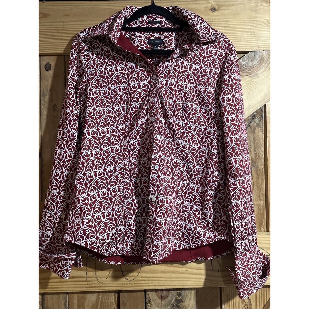Talbots Petites Red Geometric Long Sleeve rolled cuff button Down Blouse Size 4
